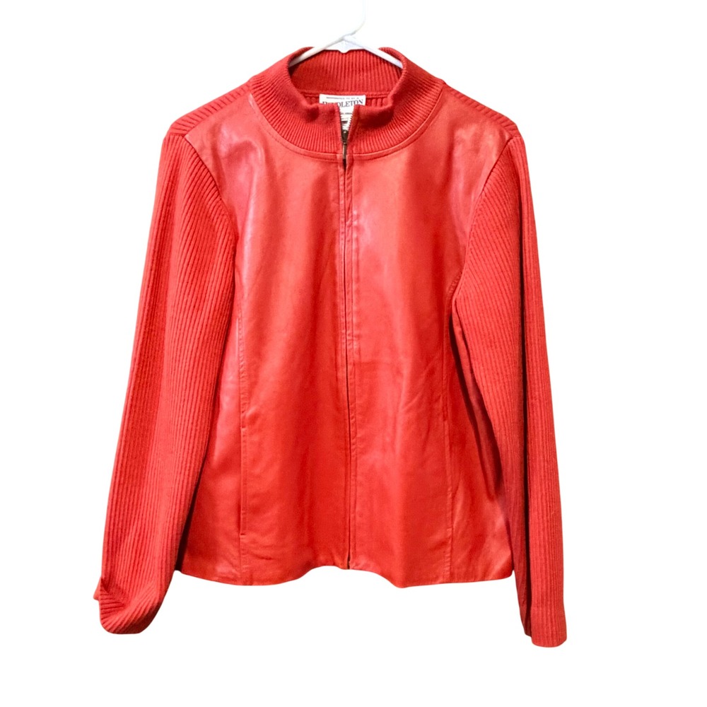 Pendleton Womens Red Leather Front Merino Wool Ribbed Knit Zip Cardigan Jacket M